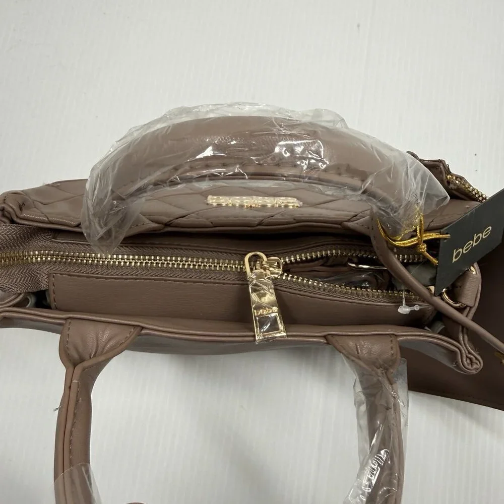 Bebe Everett Small Satchel Taupe Quilted Crossbody Handbag Purse NWT Wome
